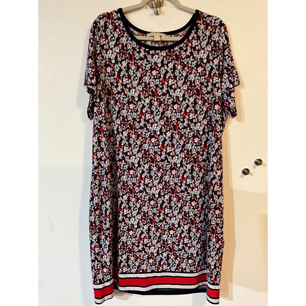 Michael Michael Kors Floral Striped Hem T-Shirt Dress Navy Red Plus Size 2X